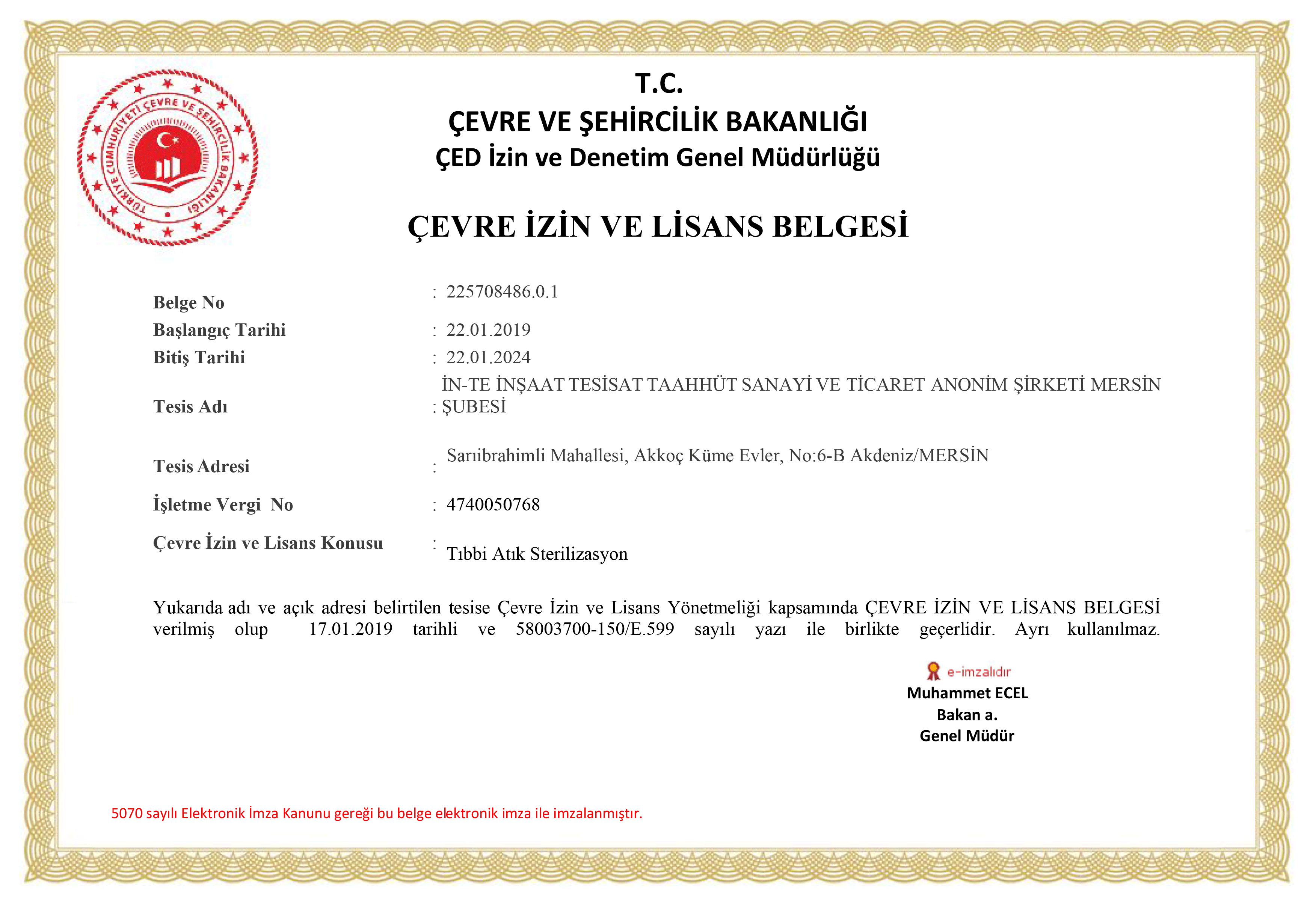 Mersin çevre izin ve Lisans belgesi